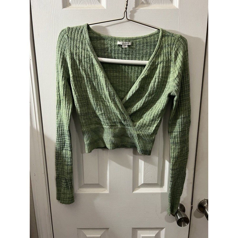 American Eagle Women's V Neck Ribbed Crop Sweater Cross Wrap Green Sz Small